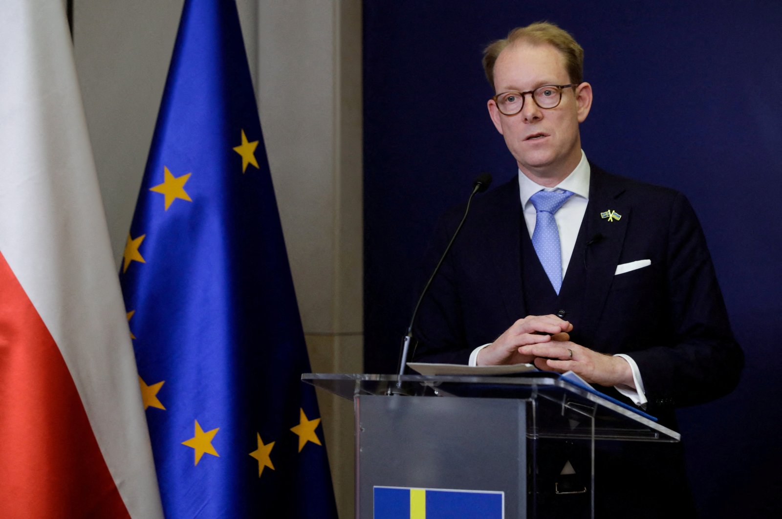 Sweden&#039;s Foreign Minister Tobias Billstrom and his Polish counterpart Zbigniew Rau (not pictured) attend the news conference after their meeting in Warsaw, Poland, June 12, 2023. (Reuters Photo)