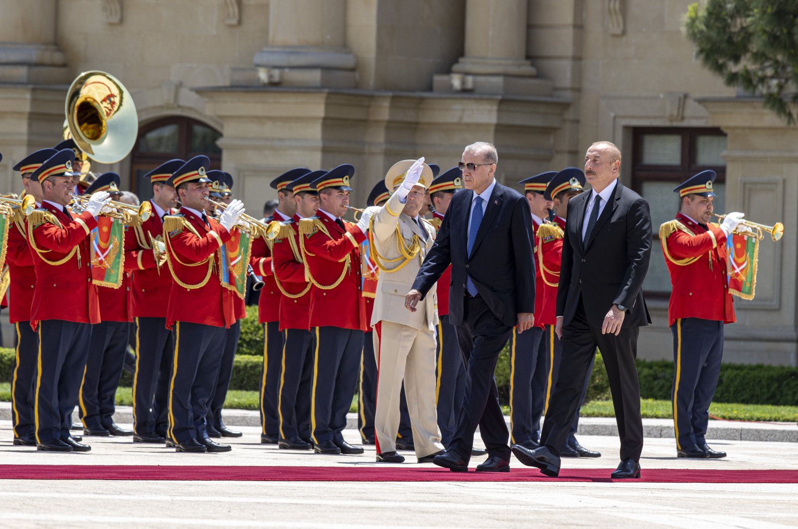 President Recep Tayyip Erdoğan and Azerbaijani President Ilham Aliyev attend the welcoming ceremony for the Turkish leader, in Baku, Azerbaijan, June 13, 2023. (AA Photo)
