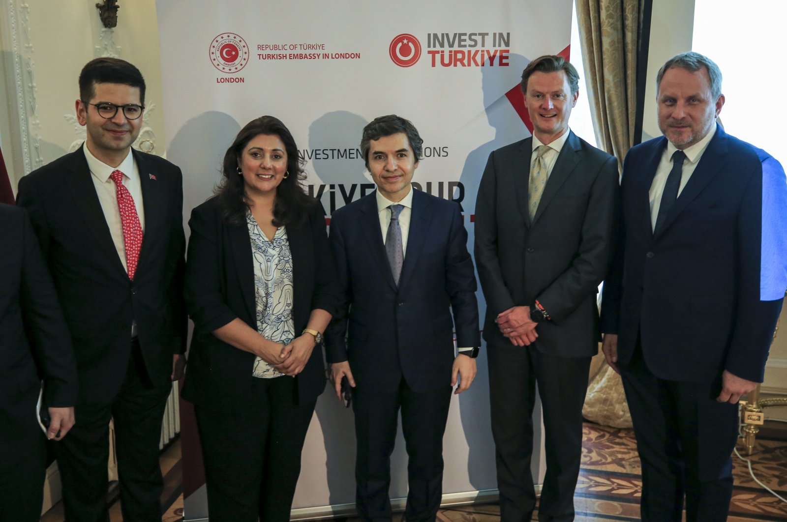 British Minister of State for Business and Trade Nusrat Ghani (2nd L), head of the Presidential Investment Office Burak Dağlıoğlu (L) and Türkiye&#039;s Ambassador to London Osman Koray Ertaş (C) attend the "Türkiye: Your Resilient Investment Partner” event, London, U.K., June 12, 2023. (AA Photo).