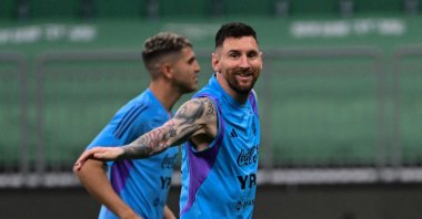 Argentina's forward Lionel Messi (R) takes part with teammates in a training session ahead of the friendly match against the Australia national team, at the Workers' stadium, Beijing, China, June 14, 2023. (AFP Photo)