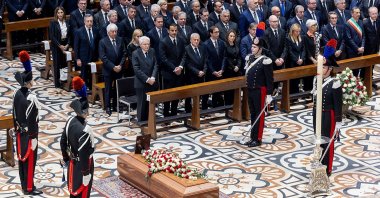 The coffin of Italy's former prime minister and media mogul Silvio Berlusconi, June 14, 2023. (Quirinale Handout via AFP)
