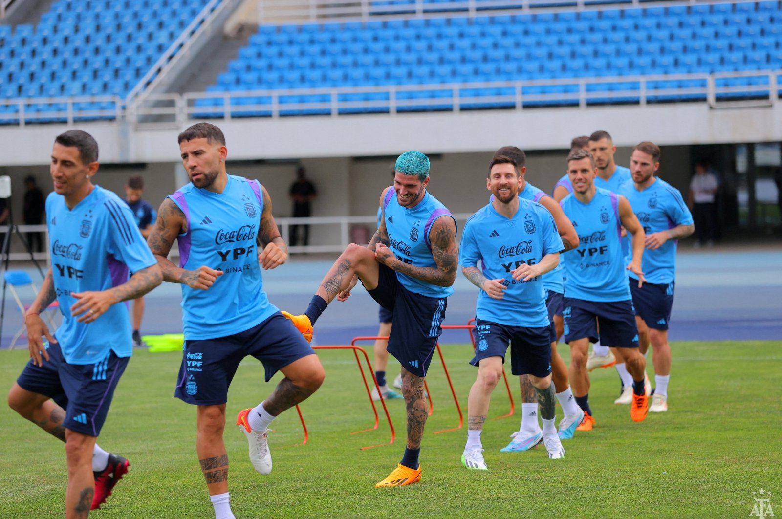 Argentina national team players during training ahead of the international friendly match against Australia at the Beijing Olympic Stadium, Beijing, China, June 12, 2023. (Reuters Photo)