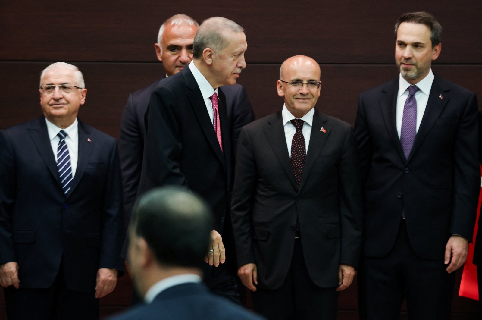 President Recep Tayyip Erdoğan walks next to the new Treasury and Finance Minister Mehmet Şimşek during a press conference where the new Cabinet was announced, Ankara, Türkiye, June 3, 2023. (Reuters Photo)