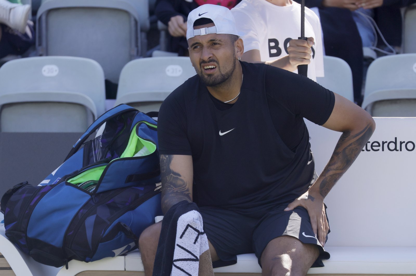 Nick Kyrgios of Australia reacts during his first round match against Yibing Wu of China at the ATP Boss Open tennis tournament, Stuttgart, Germany, June 13, 2023. (EPA Photo)