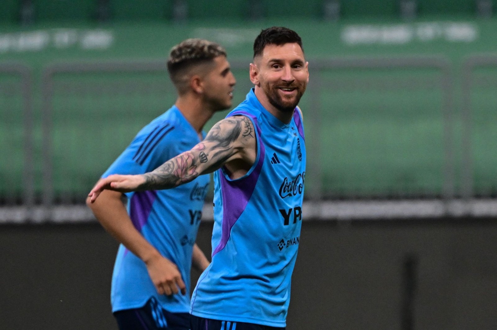 Argentina&#039;s forward Lionel Messi (R) takes part with teammates in a training session ahead of the friendly match against the Australia national team, at the Workers&#039; stadium, Beijing, China, June 14, 2023. (AFP Photo)