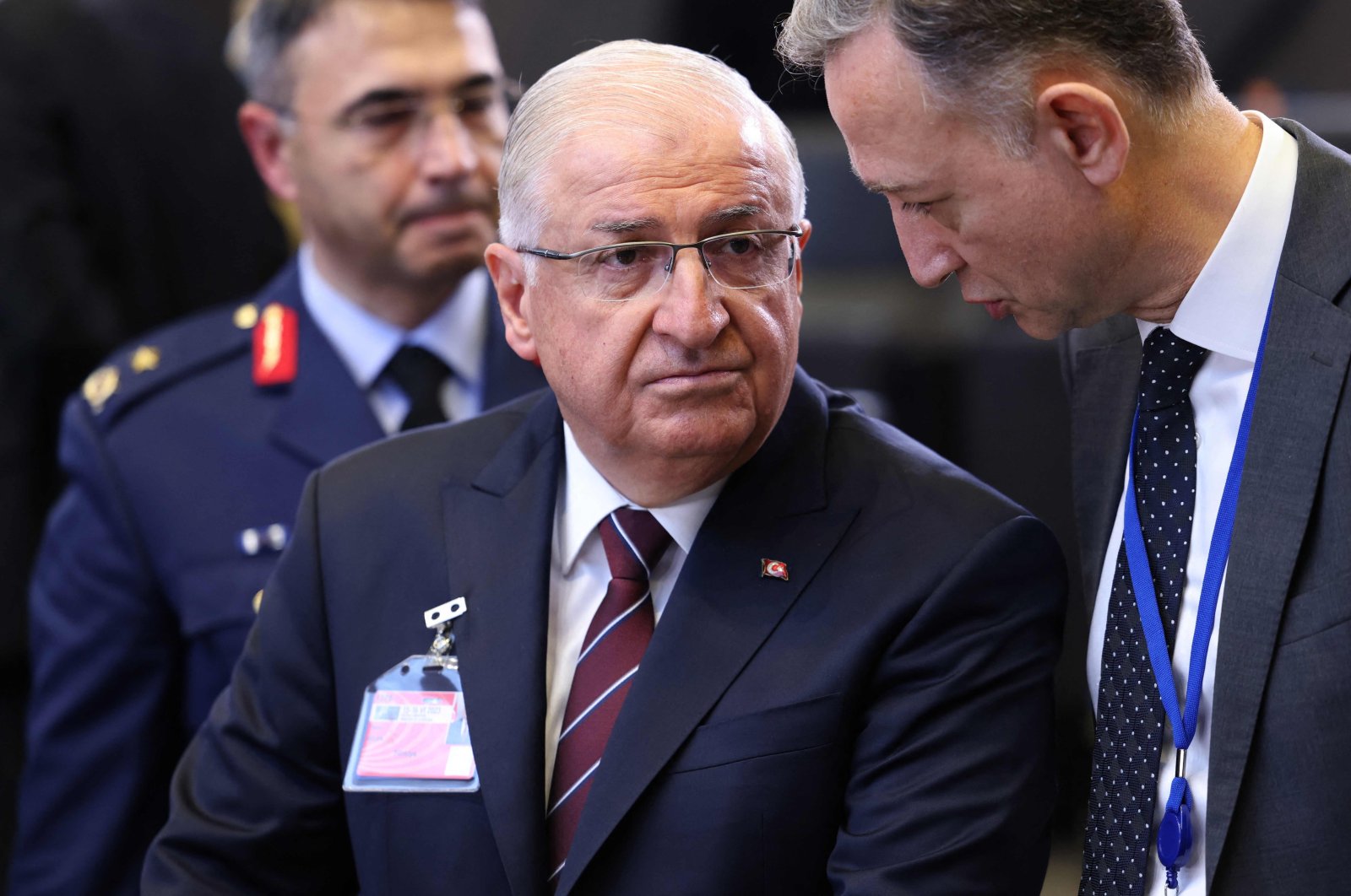 Minister of National Defense Yaşar Güler (L) looks on prior to a meeting of the NATO-Ukraine Commission at the NATO headquarters in Brussels, Belgium, June 15, 2023. (AFP Photo)