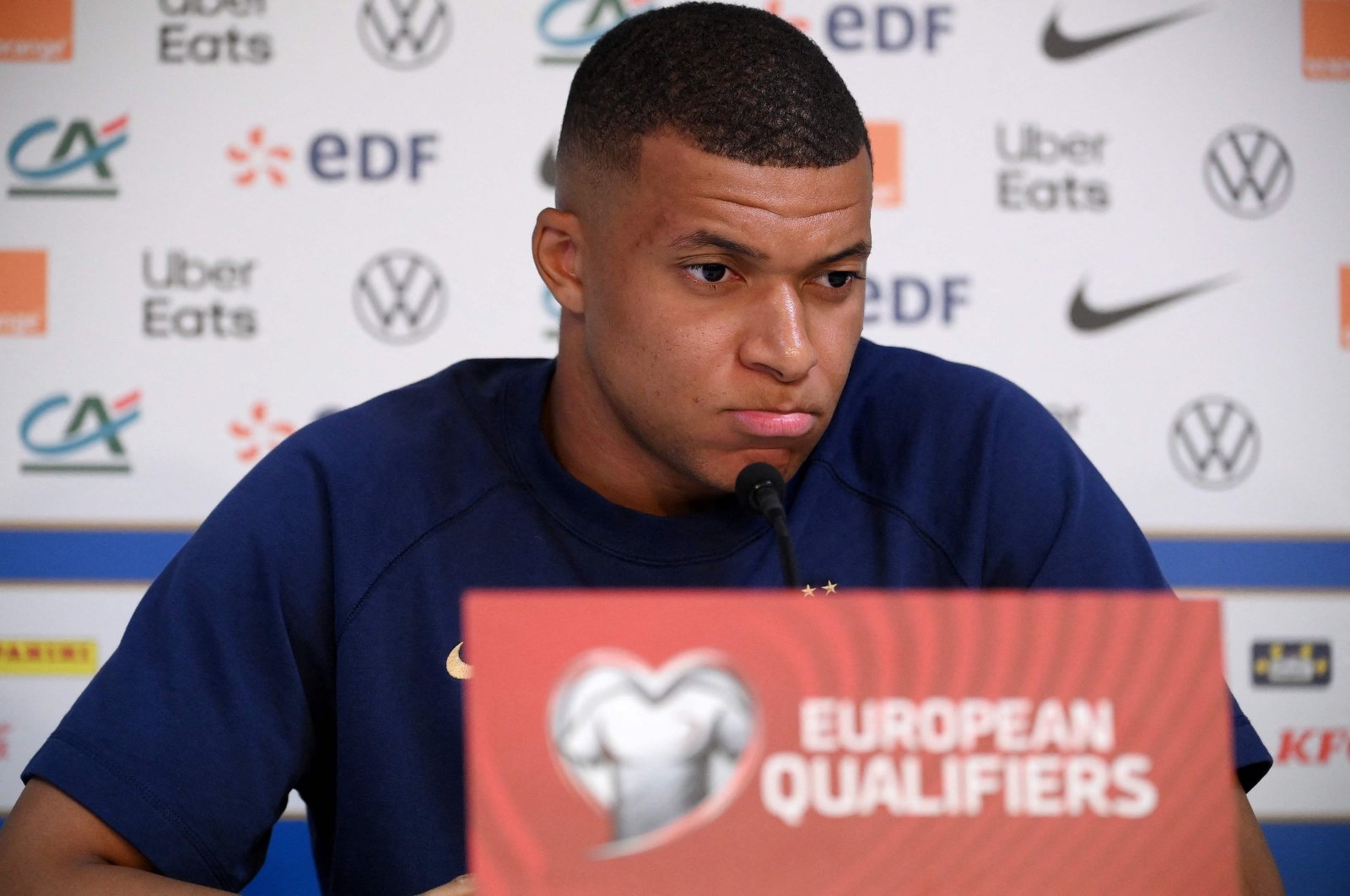 French forward Kylian Mbappe grimaces during a press conference at the Algarve stadium, in Faro, Gibraltar, June 15, 2023, on the eve of their UEFA Euro 2024 group B qualification football match against Gibraltar. (AFP Photo)