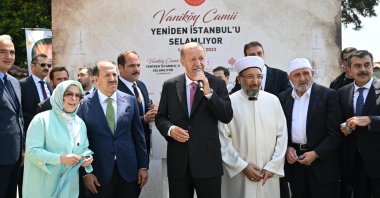 President Recep Tayyip Erdoğan is holding the speech during the opening ceremony of Vaniköy Mosque, Istanbul, Türkiye, June 16, 2023. (AA Photo)