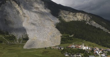 A general view shows the village Brienz-Brinzauls below the rockfall "Brienzer Rutsch," in Graubuenden, Switzerland, June 16, 2023. (AP Photo)
