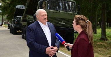 Belarusian President Alexander Lukashenko (L) during an interview with Russian journalist Olga Skabeeva (R) of the Rossiya-1 Russian state TV channel, in the Minsk region, Belarus, 14 June 2023. (Press Service of the President of Belarus Handout via EPA)