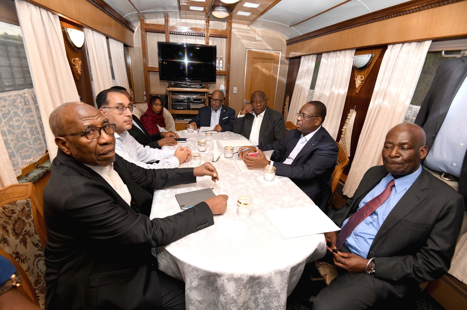 South Africa&#039;s President Cyril Ramaphosa (3rd R) leads a group of senior African officials at a consultation en route from Poland to Kyiv, Ukraine, June 15, 2023. (EPA Photo)