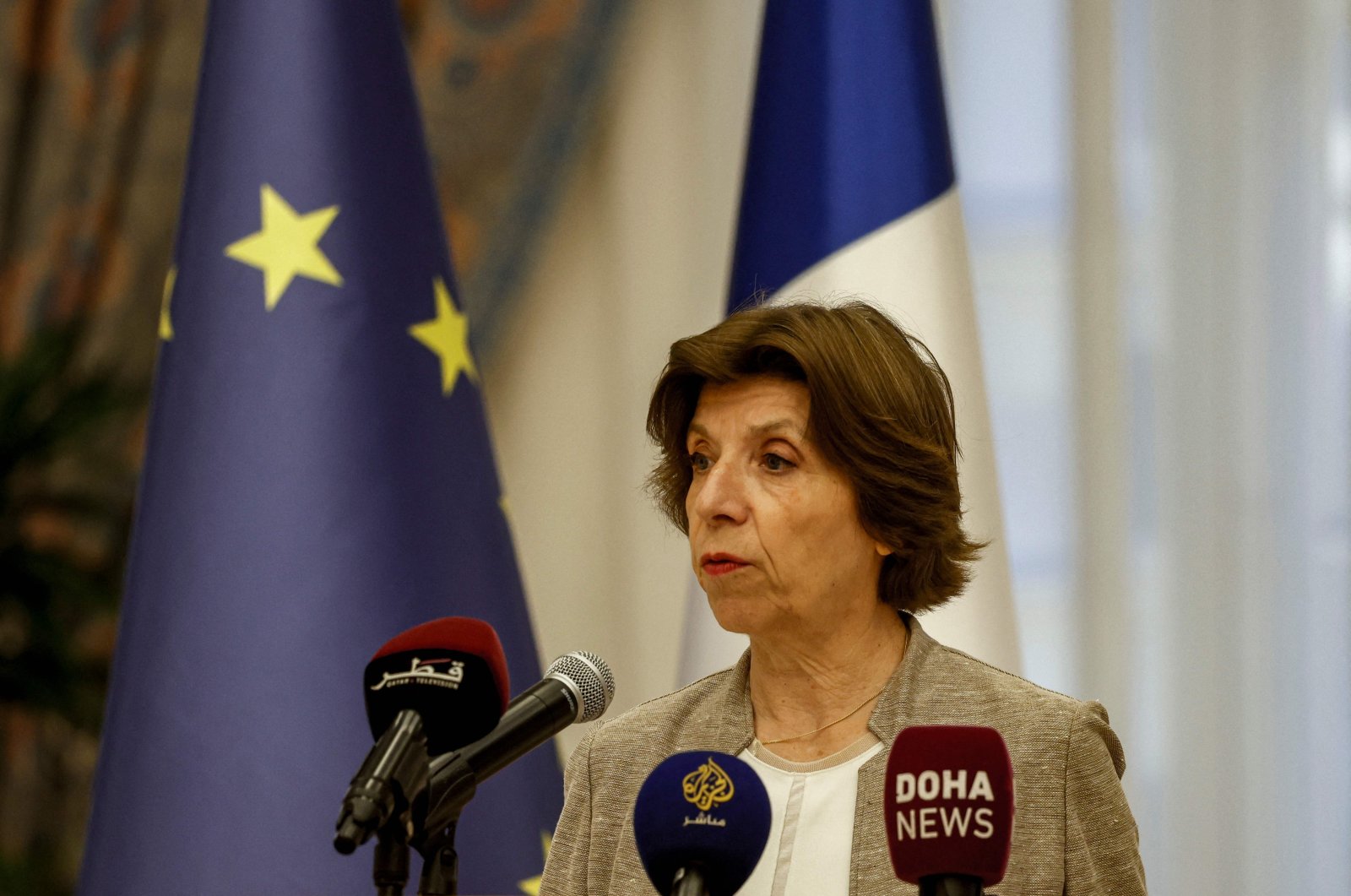 French Foreign and European Affairs Minister Catherine Colonna gives a joint news conference with the Qatari foreign minister in Doha, Qatar, June 8, 2023. (AFP File Photo)