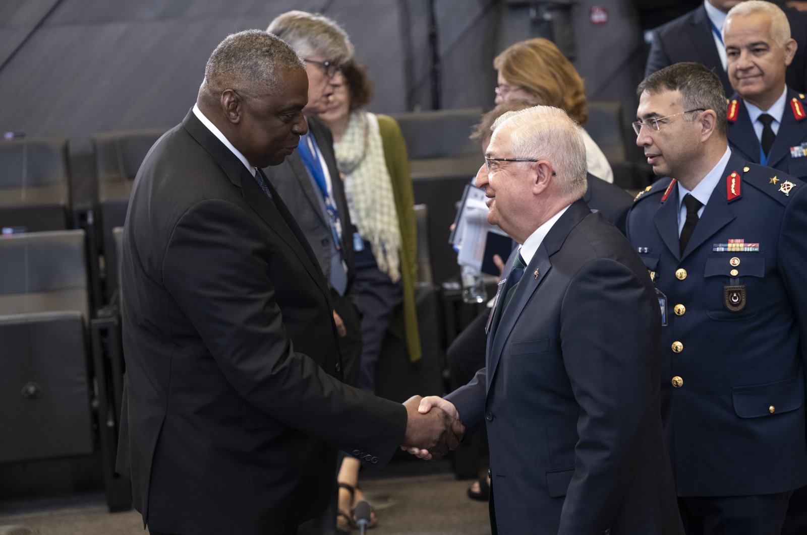 Defense ministers of NATO countries met on the second day of their meeting in Brussels. Minister of National Defense Yaşar Güler (R) had a conversation with U.S. Secretary of Defense Lloyd Austin at the meeting, Belgium, June 16, 2023. (AA Photo)