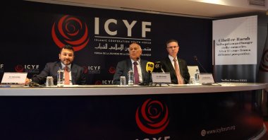 ICYF President Taha Ayhan (left), Major General Jibril Rajoub (center) and Palestine's Ambassador Faed Moustafa (right) attend meeting in Istanbul, Saturday, June 17, 2023. (ICYF Handout)