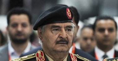 Khalifa Haftar is seen at the International Defense Exhibition and Conference in Abu Dhabi, United Arab Emirates, Monday, Feb. 20, 2023. (AP File Photo)