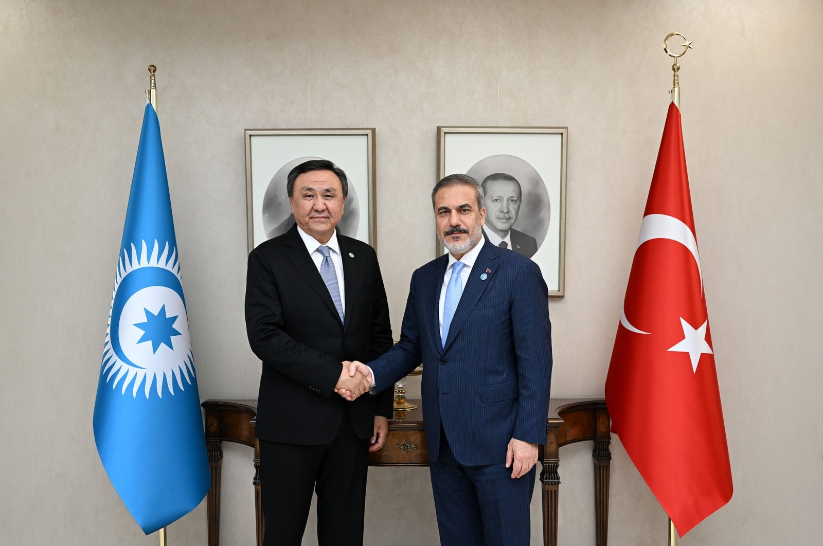 Minister of Foreign Affairs Hakan Fidan (L) receives Secretary General of the Organization of Turkic States (OTS) Ambassador Kubanychbek Omuraliev, in Ankara, Türkiye, June 16, 2023. (AA Photo)