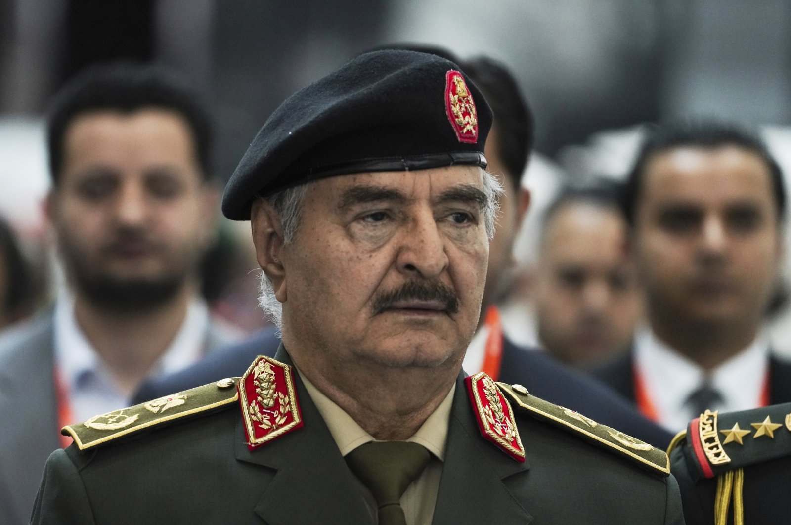 Khalifa Haftar is seen at the International Defense Exhibition and Conference in Abu Dhabi, United Arab Emirates, Monday, Feb. 20, 2023. (AP File Photo)