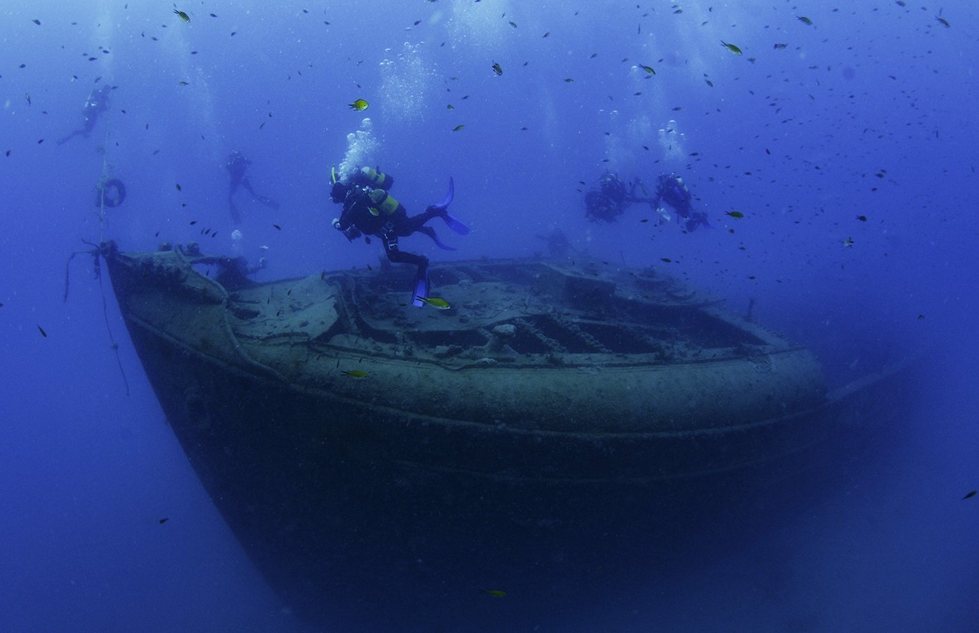 Divers dive near the French warship Paris 2, Kemer, Antalya, Türkiye, June 18, 2023. (DHA Photo)
