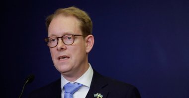 Swedish Foreign Minister Tobias Billstrom and his Polish counterpart Zbigniew Rau (not pictured) attend the news conference after their meeting in Warsaw, Poland, June 12, 2023. (Reuters Photo)