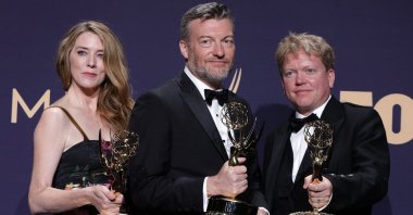 Annabel Jones (L), Charlie Brooker (C) and Russel McLean pose at the 71st Primetime Emmy Awards, in Los Angeles, California, U.S., Sept. 22, 2019. (Reuters Photo)