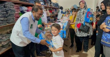 Social Agency for Welfare and Advancement Bangladesh (SAWAB) Chairperson S.M. Rasheduzzaman is photographed delivering toys to the earthquake-impacted children in Hatay, southeastern Türkiye, June 12, 2023. (Photo by Mohammad Zakir Hossain)