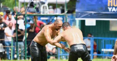 Ali Gürbüz (L) in action during the 28th Traditional Hünkar Meadow Oil Wrestling, Kocaeli, Türkiye, June 17, 2023. (AA Photo)