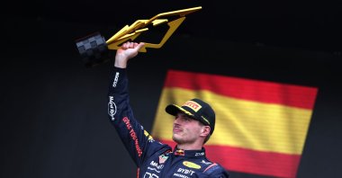 Race winner Max Verstappen of the Netherlands and Oracle Red Bull Racing celebrates on the podium during the F1 Grand Prix of Canada at Circuit Gilles Villeneuve, Montreal, Quebec, June 18, 2023. (AA Photo)