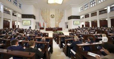 Belarusian President Alexander Lukashenko, rear center, addresses the Parliament in Minsk, Belarus, Wednesday, May 26, 2021. (Sergei Shelega/BelTA Pool Photo via AP)