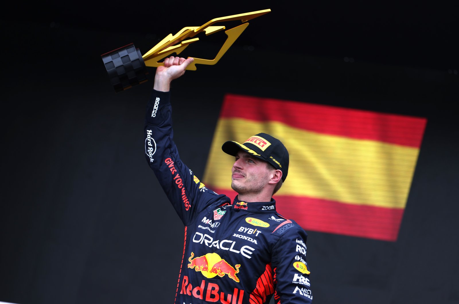 Race winner Max Verstappen of the Netherlands and Oracle Red Bull Racing celebrates on the podium during the F1 Grand Prix of Canada at Circuit Gilles Villeneuve, Montreal, Quebec, June 18, 2023. (AA Photo)