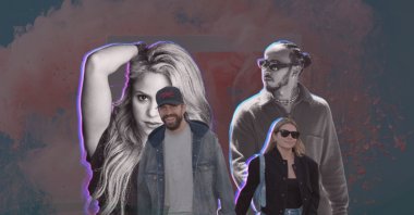 Illustration shows Shakira (L) and Lewis Hamilton (R) behind Gerard Pique holding Clara Chia's hand. (Illustration by Kelvin Ndunga)