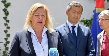 Germany's Interior Minister Nancy Faeser speaks alongside her French counterpart Gerald Darmanin during a press conference following their meeting with the president, in Tunis on June 19, 2023. (AFP Photo)