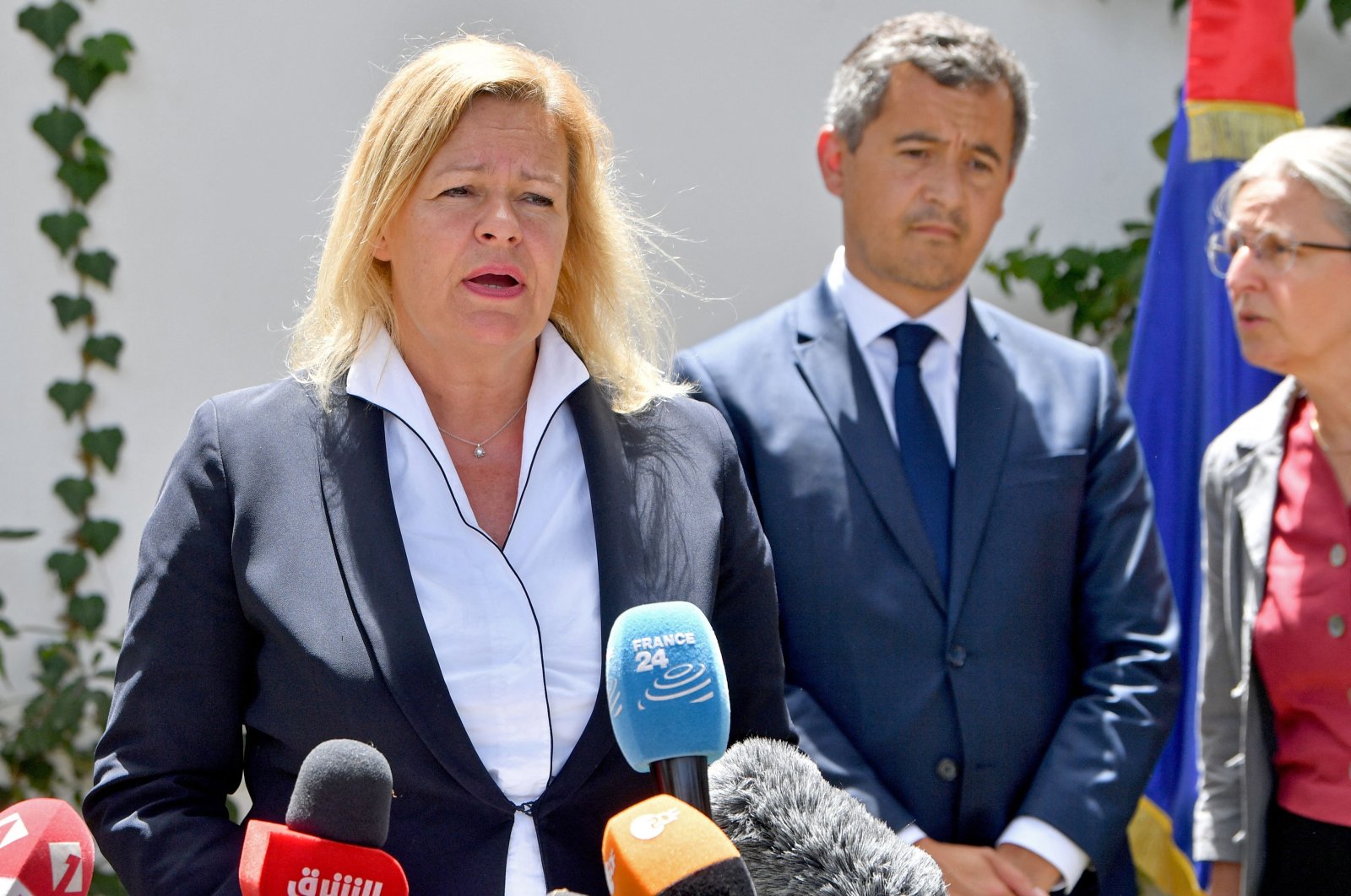 Germany&#039;s Interior Minister Nancy Faeser speaks alongside her French counterpart Gerald Darmanin during a press conference following their meeting with the president, in Tunis on June 19, 2023. (AFP Photo)