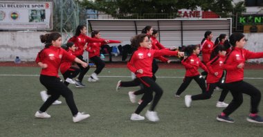 Young Osmaneli karatekas train under Murat Salih and Tuba Kurnaz, Bilecik, Türkiye, June 21, 2023. (IHA Photo)