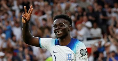 England&#039;s Bukayo Saka celebrates scoring their fifth goal and his hat trick during the UEFA Euro 2024 Qualifier Group C match against North Macedonia at Old Trafford, Manchester, U.K., June 19, 2023. (Reuters Photo)