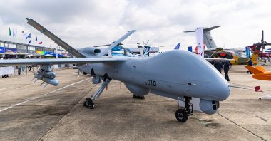 An Anka, a combat drone developed by Turkish Aerospace Industries (TAI), is displayed during the Paris Air Show, in Le Bourget, north of Paris, France, June 19, 2023. (EPA Photo)