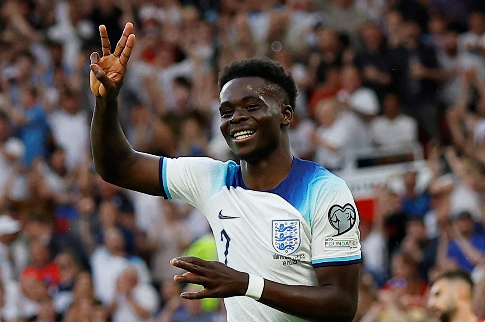 England&#039;s Bukayo Saka celebrates scoring their fifth goal and his hat trick during the UEFA Euro 2024 Qualifier Group C match against North Macedonia at Old Trafford, Manchester, U.K., June 19, 2023. (Reuters Photo)