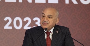 Turkish Football Federation President Mehmet Büyükekşi gives a speech after the his reelection at the JW Marriott Hotel, Ankara, Türkiye, June 22, 2023. (AA Photo)