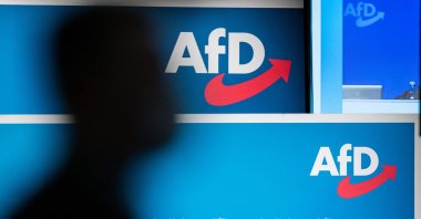 This file photo taken shows the logo of Germany&#039;s far-right Alternative for Germany (AfD) party during a congress in Dresden, East Germany, April 11, 2021. (AFP Photo)