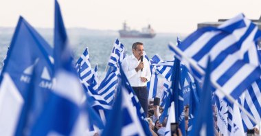Leader of New Democracy party Kyriakos Mitsotakis speaks to supporters during a pre-election rally in Thessaloniki, Greece, June 21, 2023. (EPA Photo)