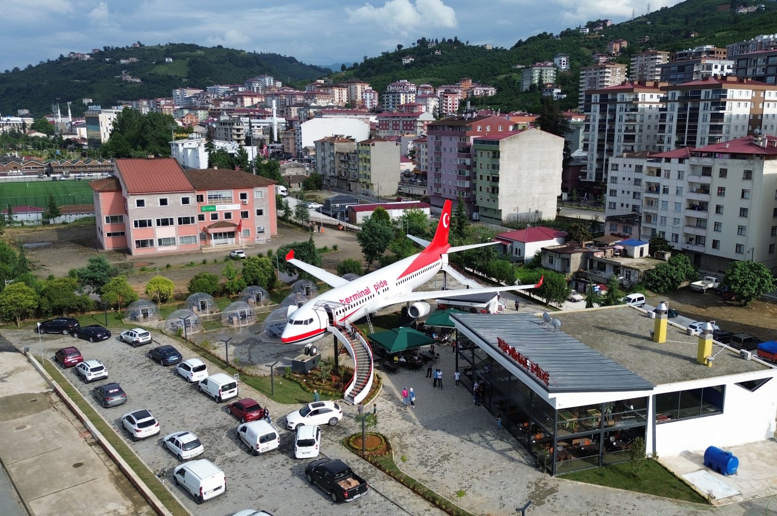 An aerial view of the plane transformed into a pide lounge in Trabzon, northern Türkiye, June 22, 2023. (DHA Photo)