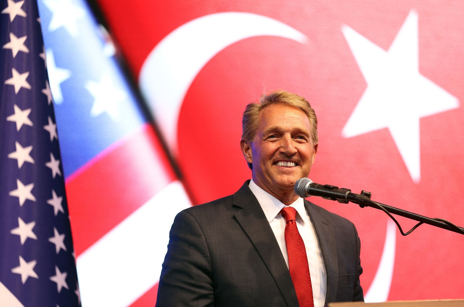 U.S. Ambassador to Ankara Jeffry Flake delivers a speech at a reception, in the capital Ankara, Türkiye, June 21, 2023. (AFP Photo)