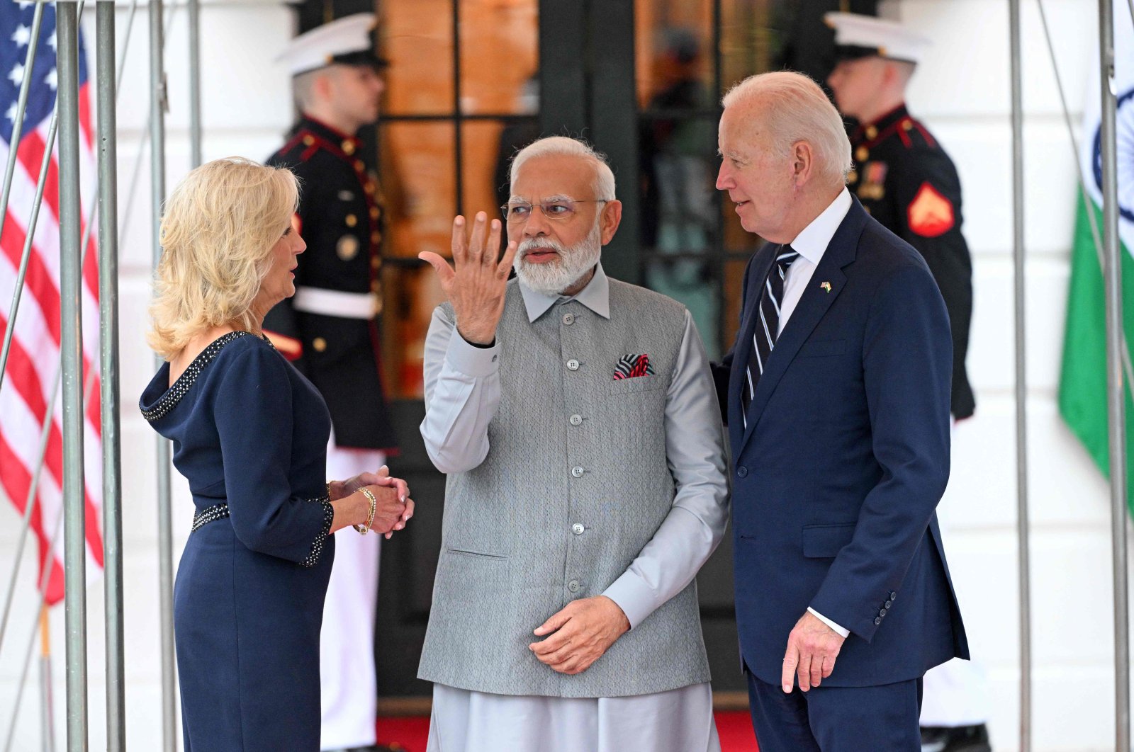 U.S. President Joe Biden (R) and First Lady Jill Biden (L) greet India&#039;s Prime Minister Narendra Modi as he arrives at the White House, Washington, D.C., U.S., June 21, 2023. (AFP Photo)