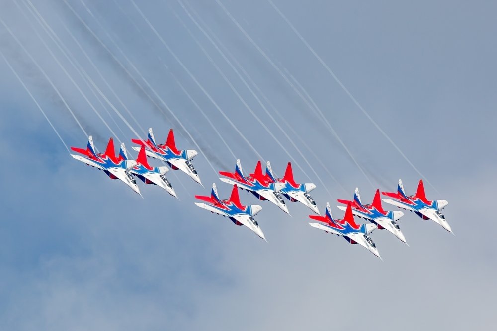 A group of MIG-29 jet fighters of aerobatic team &quot;Strijhi&quot; (Swifts) are performing a demonstration flight during the air show, Zhukovsky, Moscow Region, Russia, July 25, 2021. (Shutterstock Photo)