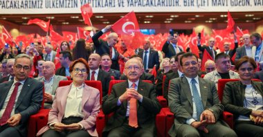 From left to right, opposition leaders Meral Akşener of the Good Party (IP), Kemal Kılıçdaroğlu of the Republican People's Party (CHP) and Istanbul Mayor Ekrem Imamoğlu attend a ceremony in Istanbul, Türkiye, May 26, 2023. (AA Photo)