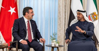 UAE President Sheikh Mohamed bin Zayed Al Nahyan (R) receives Türkiye's new Vice President Cevdet Yılmaz at Shati Palace in Abu Dhabi, UAE, June 22, 2023. (AFP Photo)