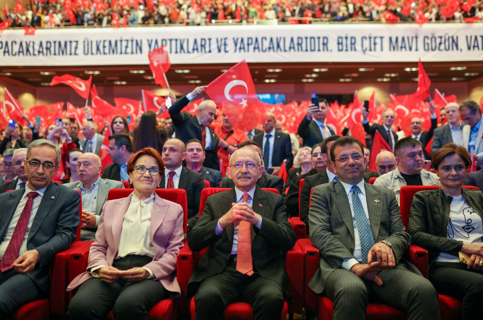 From left to right, opposition leaders Meral Akşener of the Good Party (IP), Kemal Kılıçdaroğlu of the Republican People&#039;s Party (CHP) and Istanbul Mayor Ekrem Imamoğlu attend a ceremony in Istanbul, Türkiye, May 26, 2023. (AA Photo)