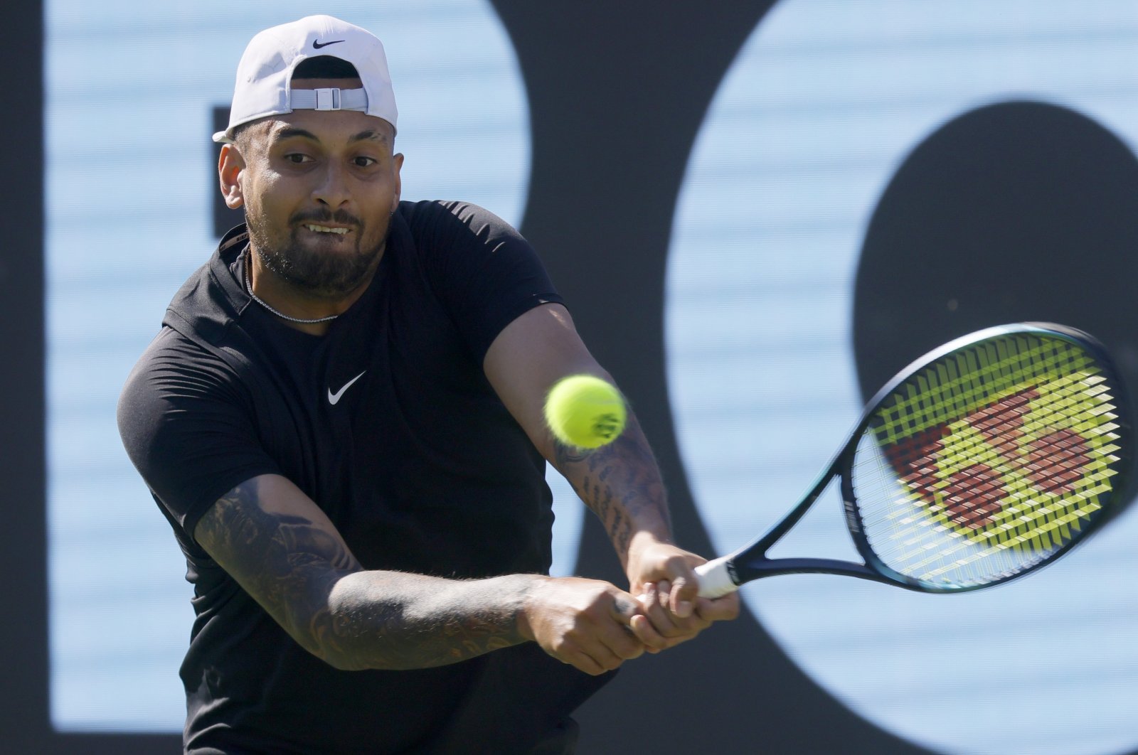 Nick Kyrgios of Australia in action during his first round match against Yibing Wu of China at the ATP Boss Open tennis tournament, Stuttgart, Germany, June 13, 2023. (EPA Photo)