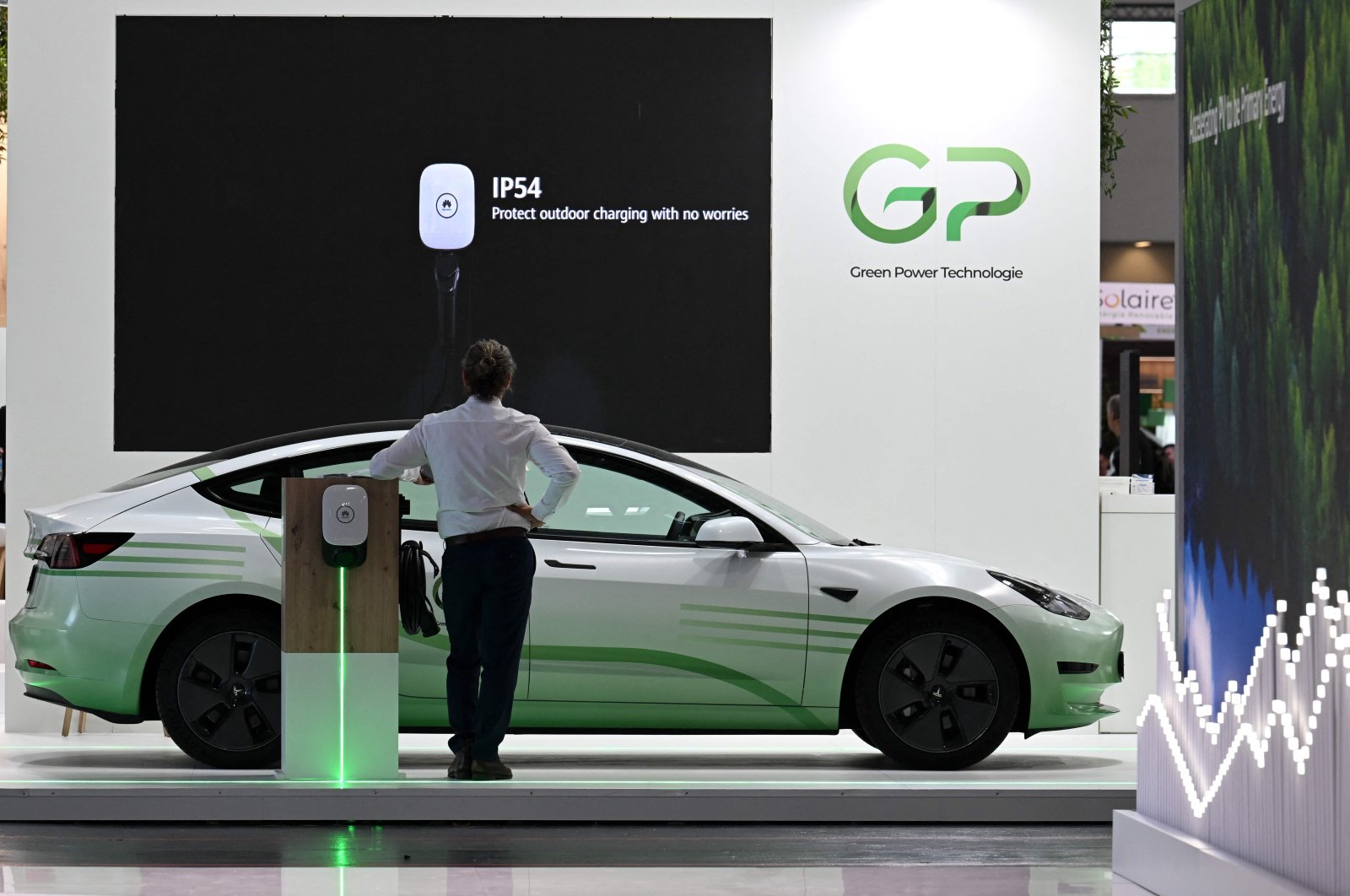 An electric vehicle with charging station is presents at a booth of the Smarter E Europa 2023 fair in Munich, southern Germany, June 16, 2023. (AFP Photo)