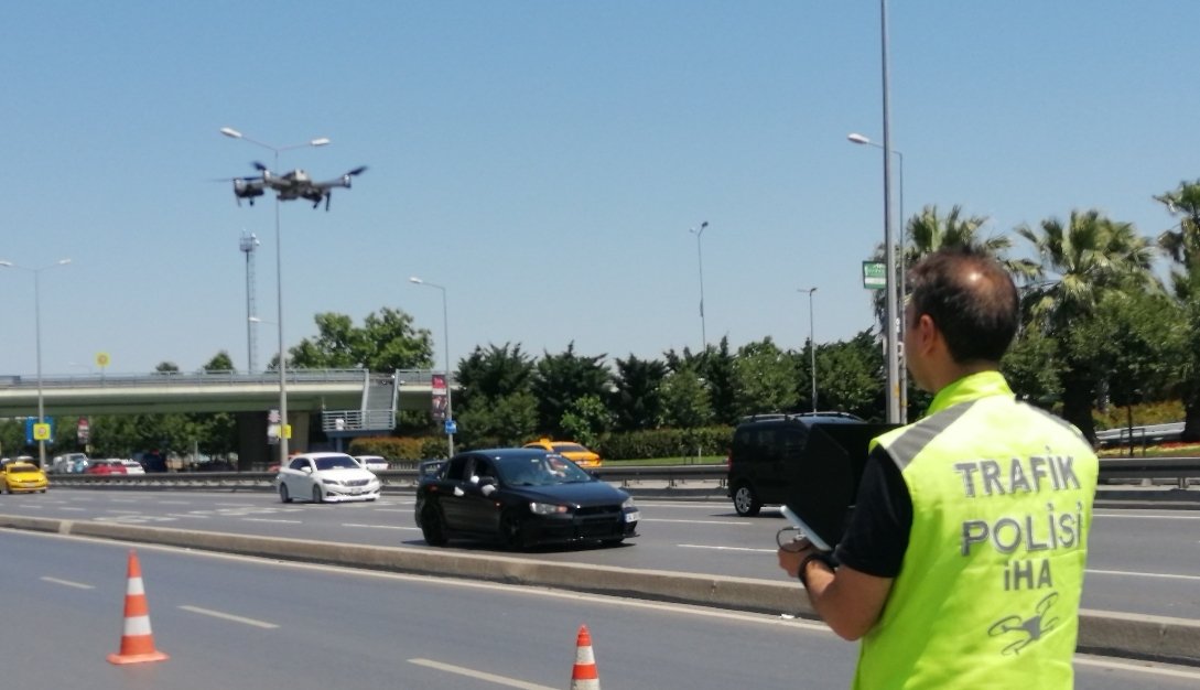 A traffic police officer is pictured monitoring traffic via drone, Istanbul, Türkiye, June 26, 2023. (AA Photo)