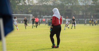 Girl wearing her hijab playing as a goal keeper in a high school football youth tournament in this undated file photo. (Shutterstock File Photo)